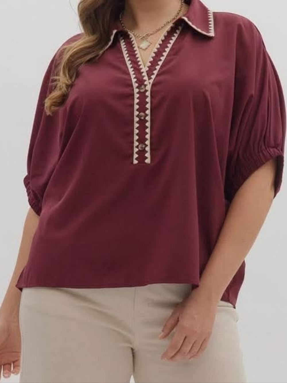 Entro Burgundy V-Neck Embroidered Collared Blouse